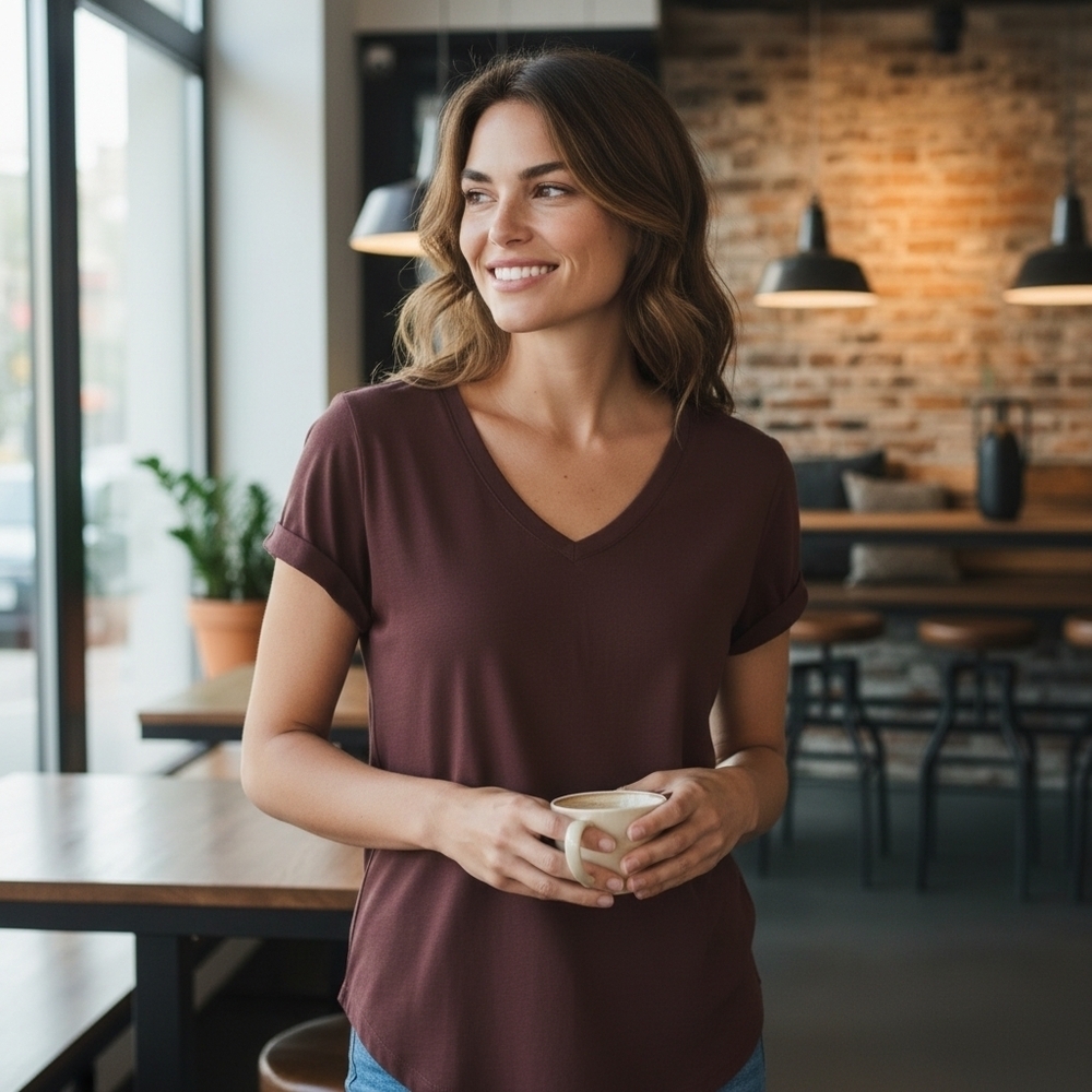 Fitted Brown Short Sleeve V NECK T-Shirt L